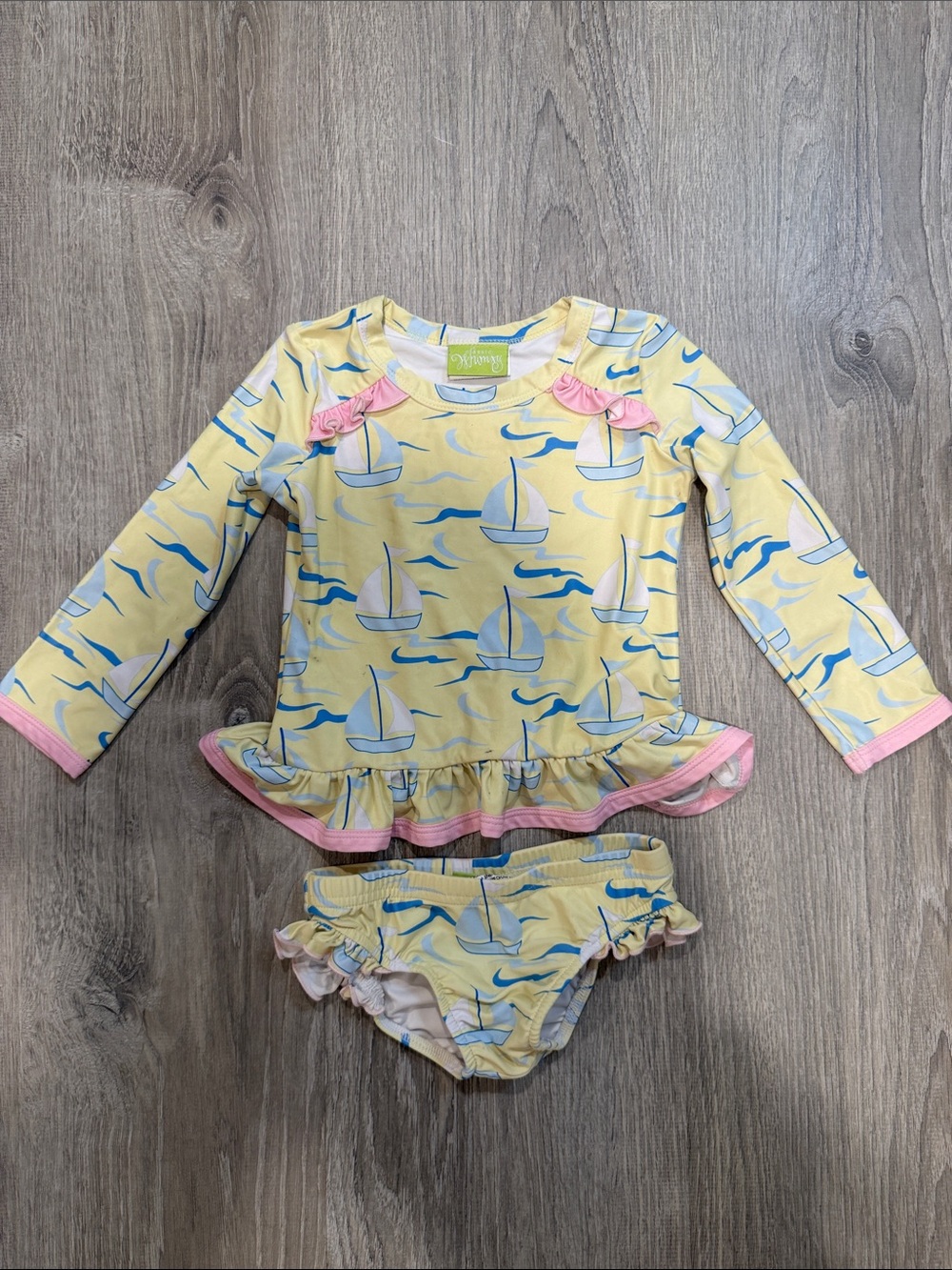 Kids Yellow Sailboat Ruffle Rashguard Set with Pink Trim